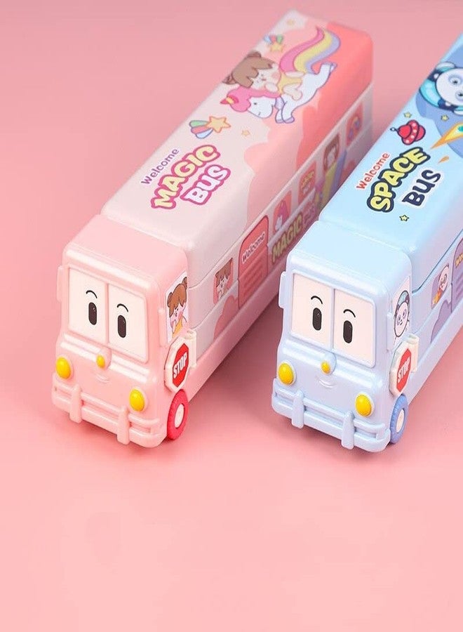 في جراسب علبة أقلام رصاص على شكل حافلة سحرية من VGRASSP مع مبراة للأطفال - مصنوعة من المعدن، مطبوعة برسومات كرتونية لطيفة، علبة هندسية متعددة الأغراض ذات طابقين لطلاب المدارس - اللون حسب المتوفر - Image 5